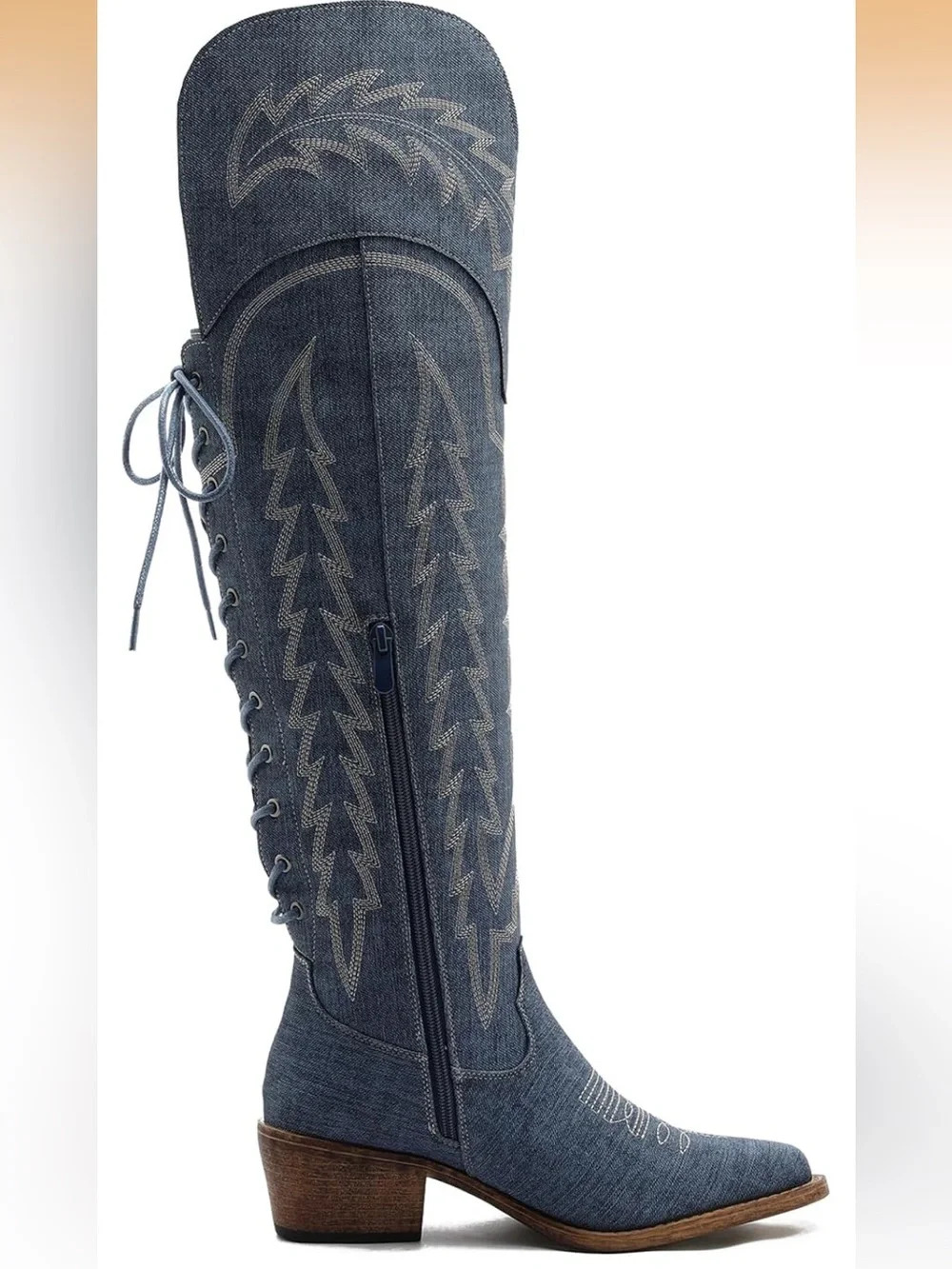 Denim Blue Lace-Up Western Over Knee Boot